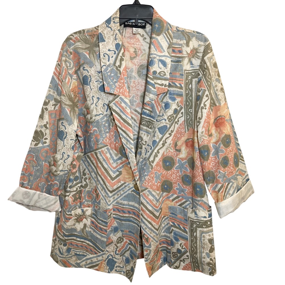 Sag Harbor Blazer Jacket Size 14 Abstract Pastel Floral Pattern 3/4‎ Sleeve NWOT